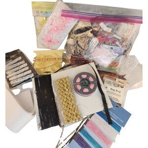 Mixed Lot Of Craft Trim Supplies: Feathers Beads Yarn Ribbon Elastic Cord+ More